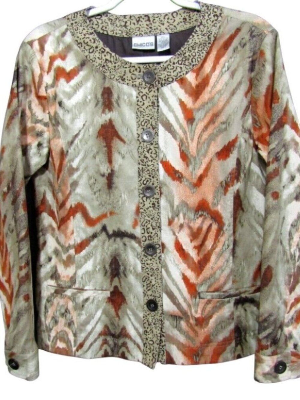 Chicos Animal Print Tan Rust Button Front Jacket Size L 2 Zebra Leopard Lined